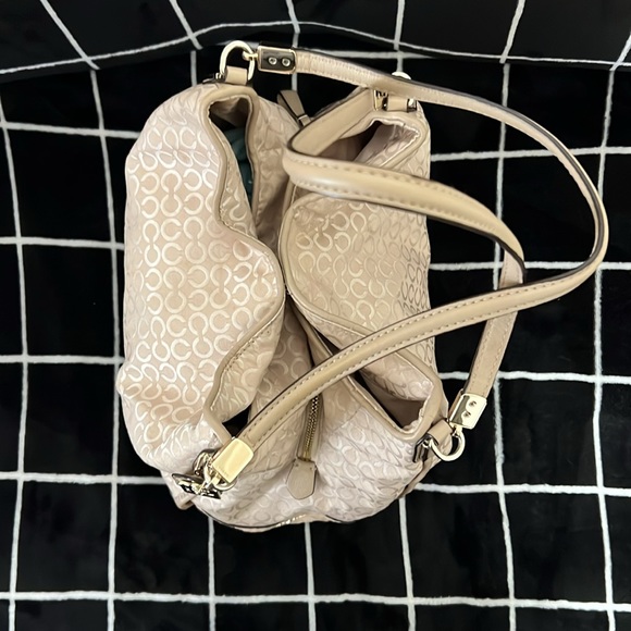 🏆COACH Phoebe Pearlescent Khaki Logo Fabric Embossed Leather Trim - Picture 3 of 11